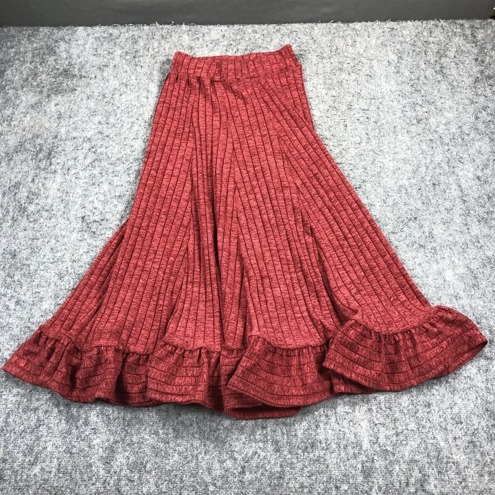 Anthropologie Skirt Womens XS Red Ribbed Knit Flare Ruffle Hem Midi Stretch Date